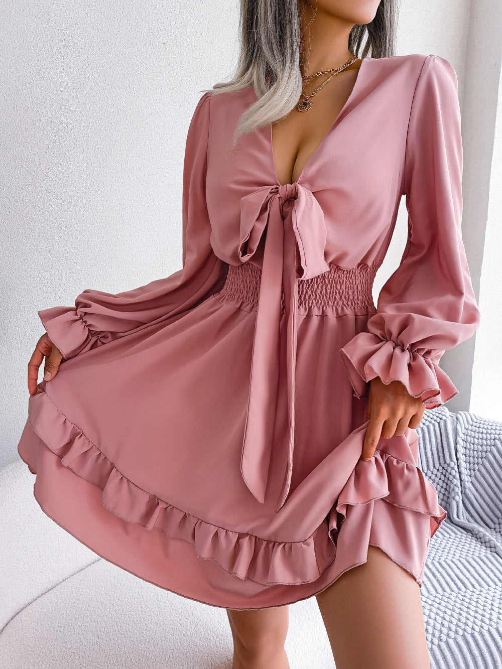 Spring/Summer Women's Clothes Casual Lace Up Waist Swing Dress